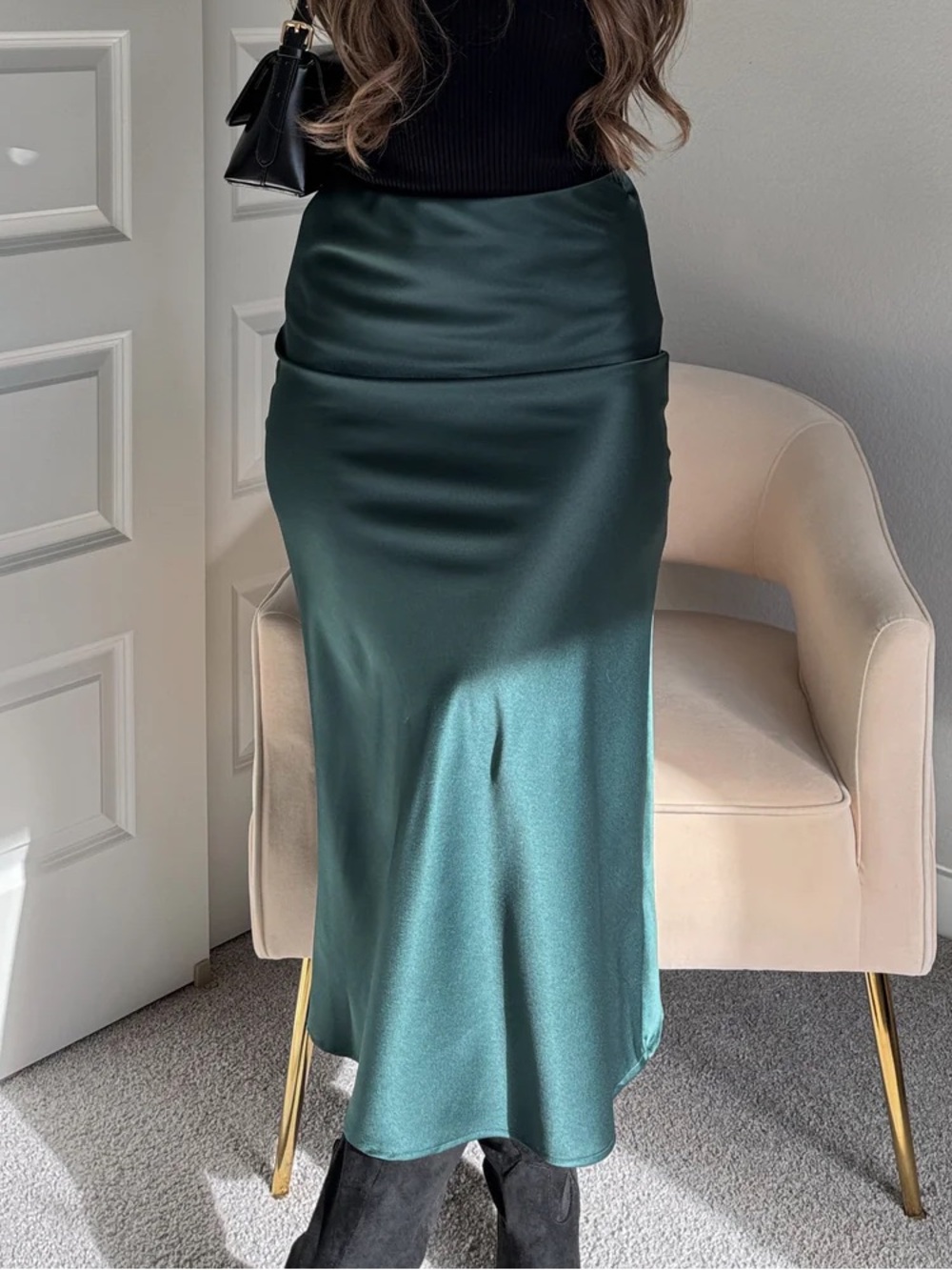 Careste 100% Silk Midnight Green Midi Skirt